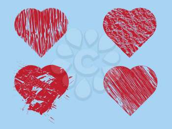 Set of red hand drawn hearts on blue background