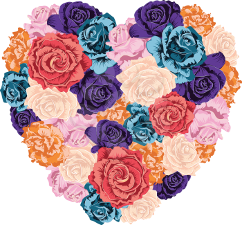 Decorative vintage roses in a shape of a heart, floral composition.