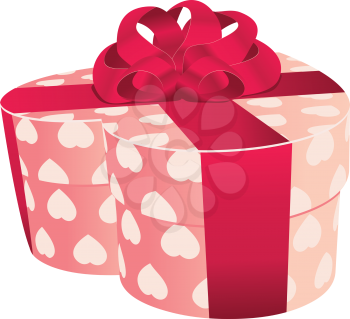 Illustration of heart shaped pink gift with bow.