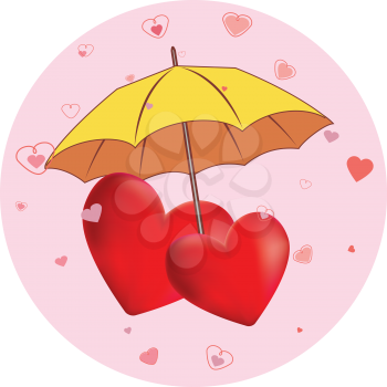 Lovely hearts and yellow umbrella in pink circle.