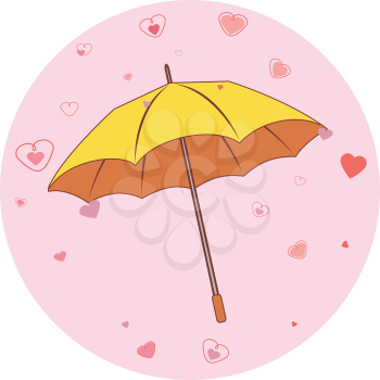 Lovely hearts and yellow umbrella in pink circle.