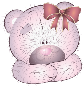 Cute cartoon pink teddy bear with bow on white background.