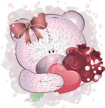 Cute cartoon pink teddy bear with roses on white background.