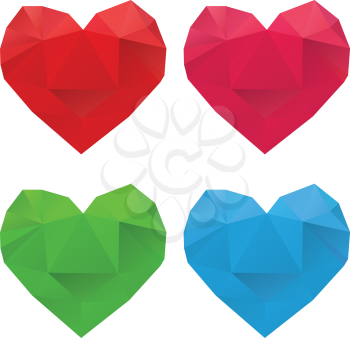 Set of colorful crystallized hearts on white background.
