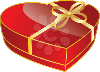 Illustration of red heart shape gift with golden bow.