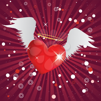 Valentine shiny red heart with white angel wings background.