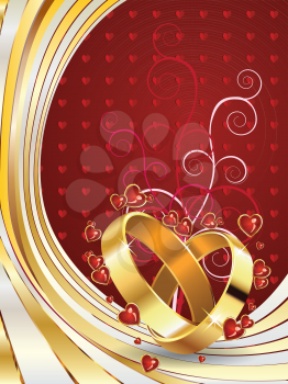 Two wedding rings in shape of heart with floral on red background.