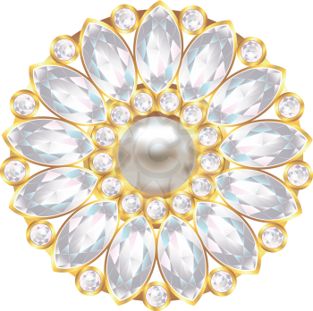 Fashion golden brooch design with pearl and diamond gems.