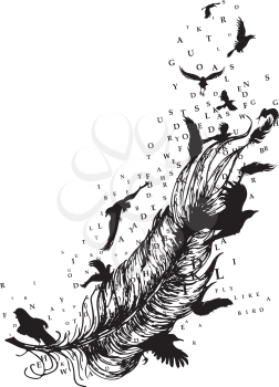 Flying birds and feather and letters silhouette, tattoo design in black and white.