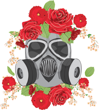 Cartoon grunge gas mask with roses, flower ornament design illustration.
