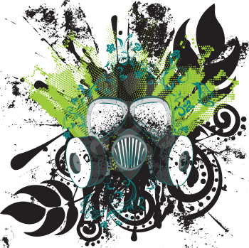 Cartoon grunge gas mask with floral ornament design illustration.