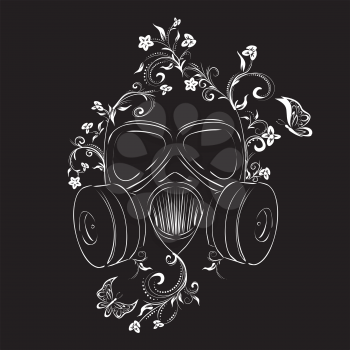 Cartoon grunge gas mask with floral ornament design illustration.