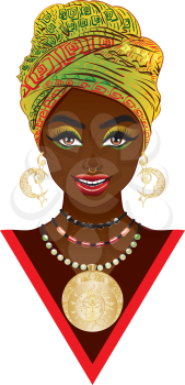Young african woman wears fashion turban with tribal ornaments.