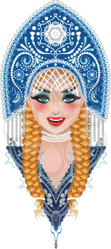 Fashion blonde girl with braids wears native russian headdress kokoshnik design.