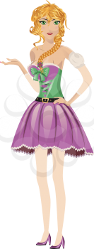 Cartoon blonde girl in spring dress of purple and green color.