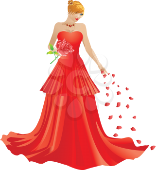 Illustration of beautiful blonde woman in red dress with rose petals.