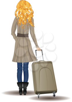 Back view of blonde woman with suitcase on white background.