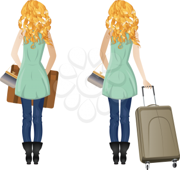 Back view of blonde woman with suitcase on white background.