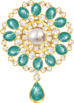 Fashion golden brooch design with pearl and emerald gems.