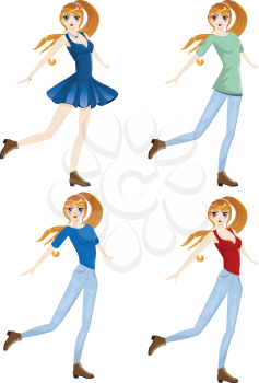 Cartoon fashion girl in various casual outfits.
