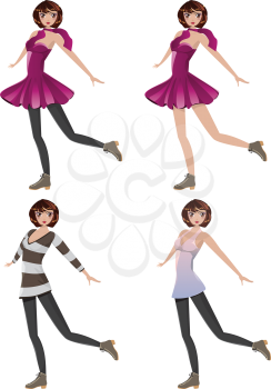 Cartoon fashion girl in various casual outfits.