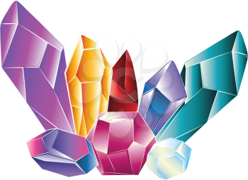 Abstract colorful rock crystal design in different shapes on white background.