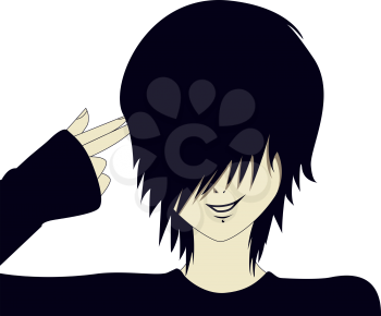 A young emo kid with hand shaped like a gun.