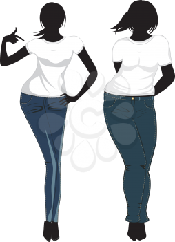 Silhouette illustration of woman figure in white t-shirt and jeans.
