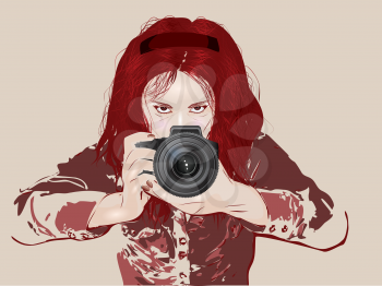 Female photographer taking photos with her digital camera, grunge illustration.