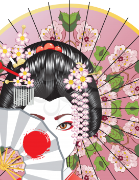 Oriental girl with traditional geisha hairstyle, makeup and decorative fan.