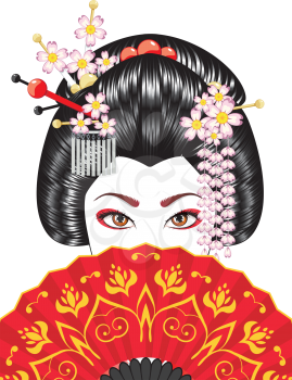 Oriental girl with traditional geisha hairstyle, makeup and decorative fan.