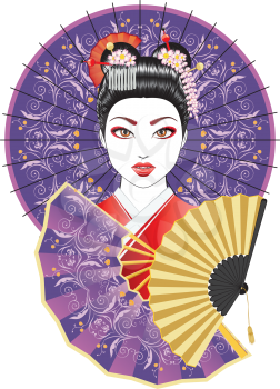 Portrait of geisha with oriental fan and decorative umbrella illustration.
