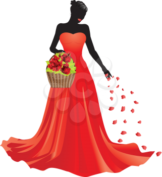 Illustration of girl in red dress with basket of roses.