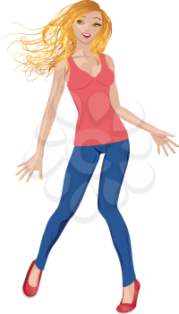 Beautiful cartoon blond girl in casual style on white background.