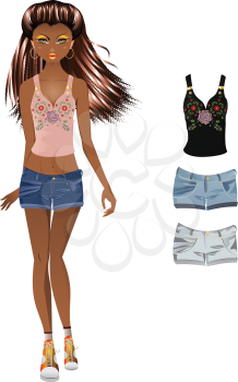 Fashion cartoon girl in jeans and tank top with floral embroidery.