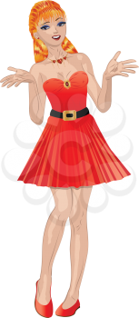 Pretty cartoon girl in red dress on white background.