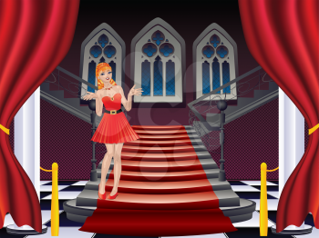 Fashion woman stands at the stairs with red carpet.