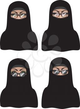 Cartoon muslim woman portrait in black hijab illustration.