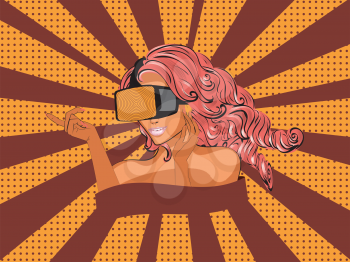 Fashion young woman with curly hair wears vr glasses, pop art style.