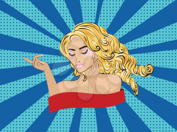 Fashion young woman with curly hair portrait, pop art style.