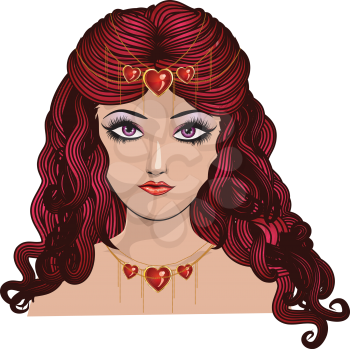 Illustration of fantasy red haired girl portrait with hearts jewelry.