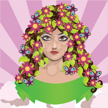 Illustration of a summer girl with pink flowers and butterflies on colorful background.