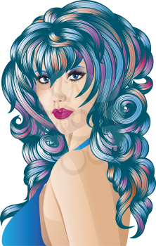 Fancy woman with long curly blue hair and eyes.