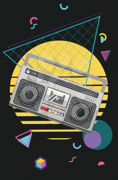 Funky 80s portable radio cassette player, a boombox with geometric shapes design.