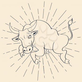 Illustration with cartoon bull in a jump line art design.