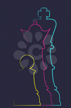 Abstract chess figures of the king, queen, and pawn line art design, sport themed illustration.