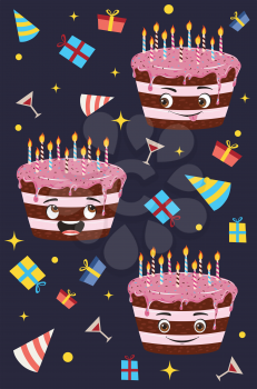 Tasty birthday chocolate cake with pink icing and candles, funny character design.
