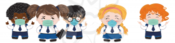 Back to school illustration with kids wears face mask on white background.