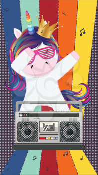 Cute cartoon unicorn with music boombox retro design.