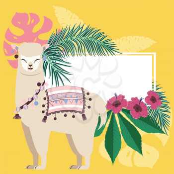 Floral banner with cute alpaca, tropical leaves and flowers design.